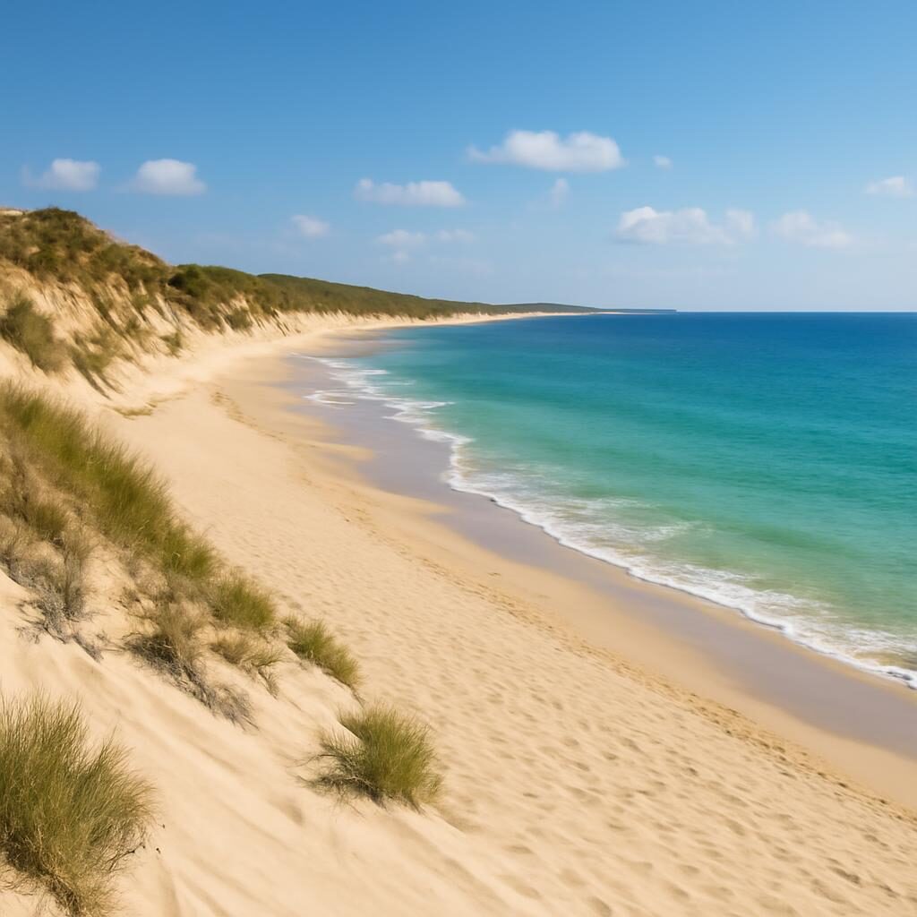 Plage naturiste déserte dunes sable blanc eau turquoise Atlantique France
