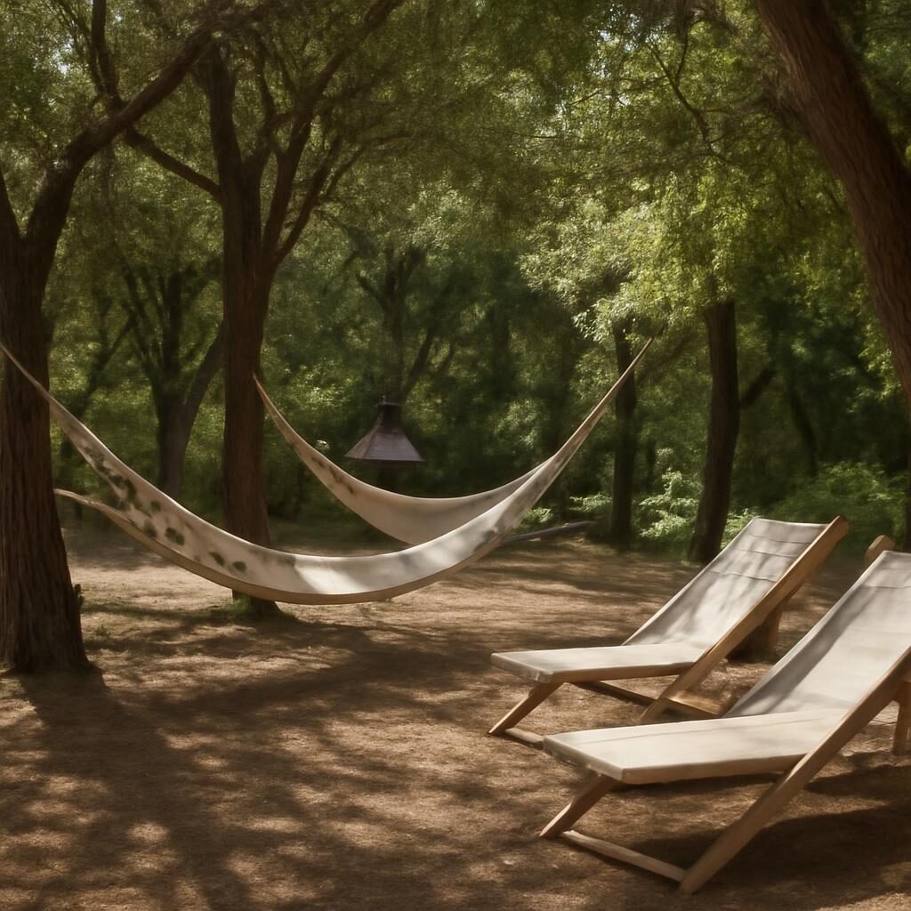 Zone ombragée camping naturiste hamacs transats entre les arbres atmosphère zen