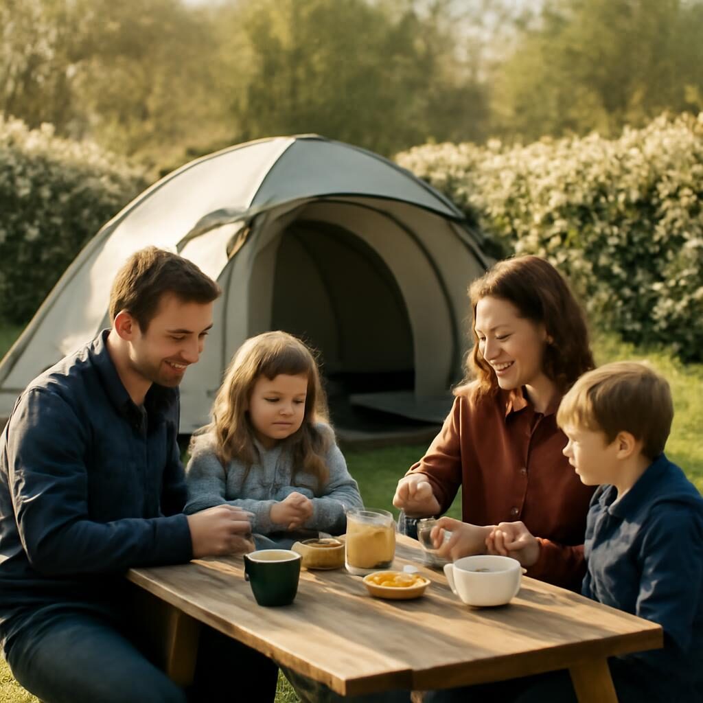 Famille prenant un petit dejeuner devant la tente au printemps