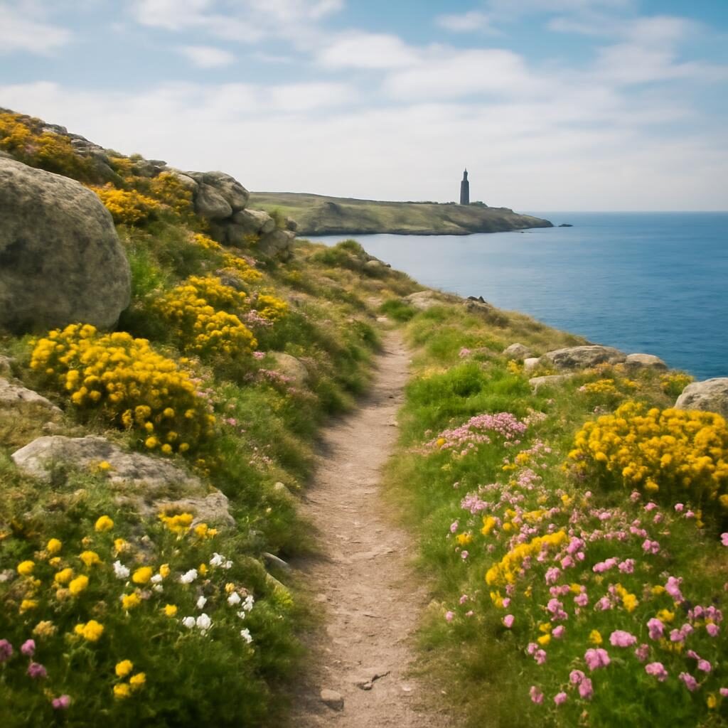 Sentier cotier de Bretagne avec fleurs sauvages au printemps