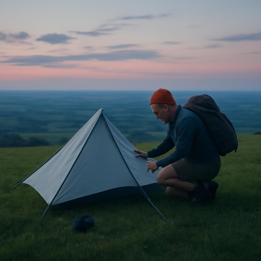 Randonneur installant son bivouac au crepuscule sur une colline