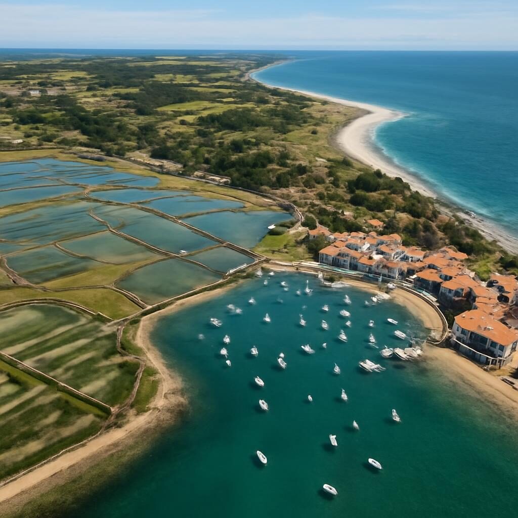 Vue aérienne île de Noirmoutier marais salants port bateaux côte atlantique