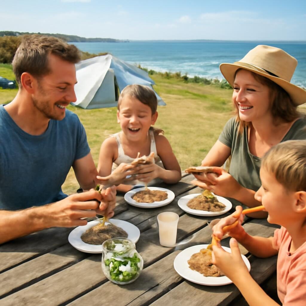 Famille en dégustation de galette saucisse près d'un camping breton