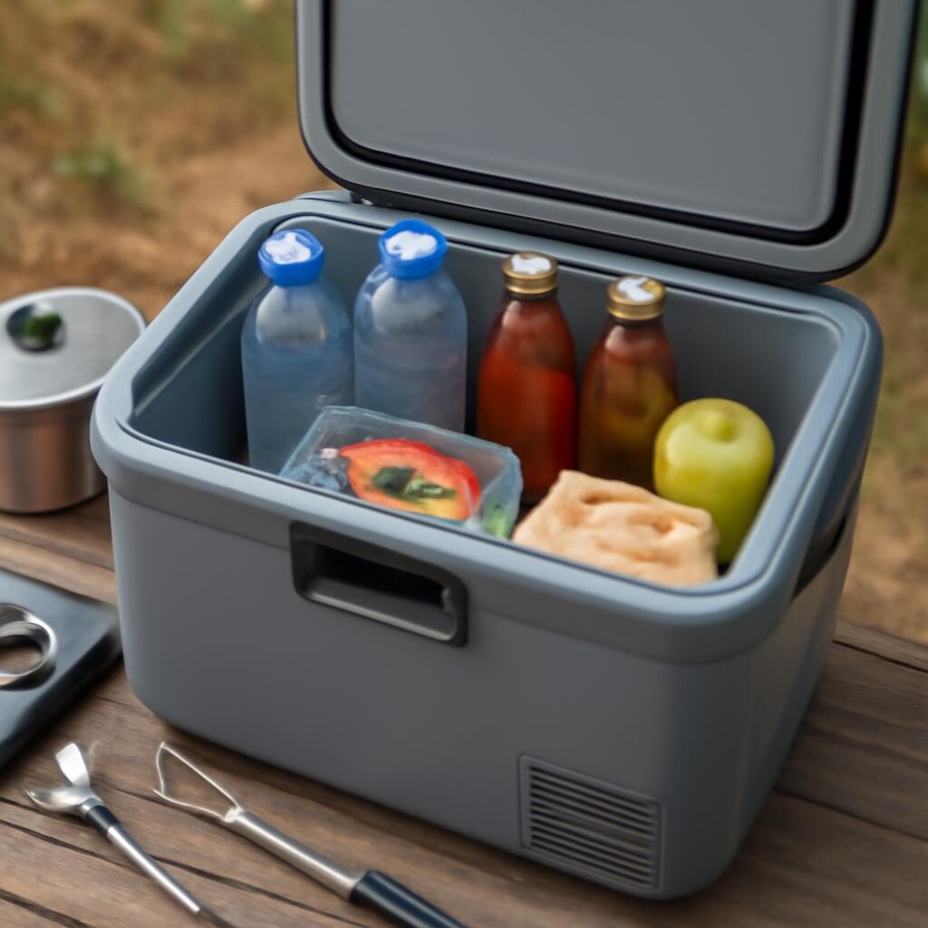 Intérieur d'une glacière électrique avec aliments et boissons