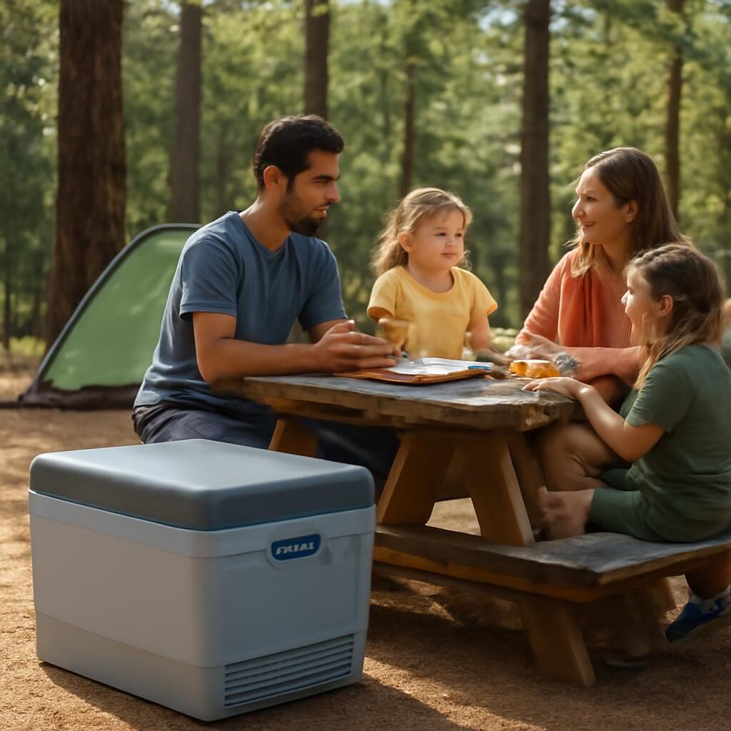 Famille au camping utilisant une glacière électrique portable