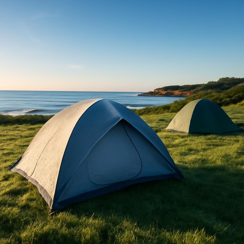 Camping calme tôt le matin rosée sur les tentes ciel bleu côte atlantique