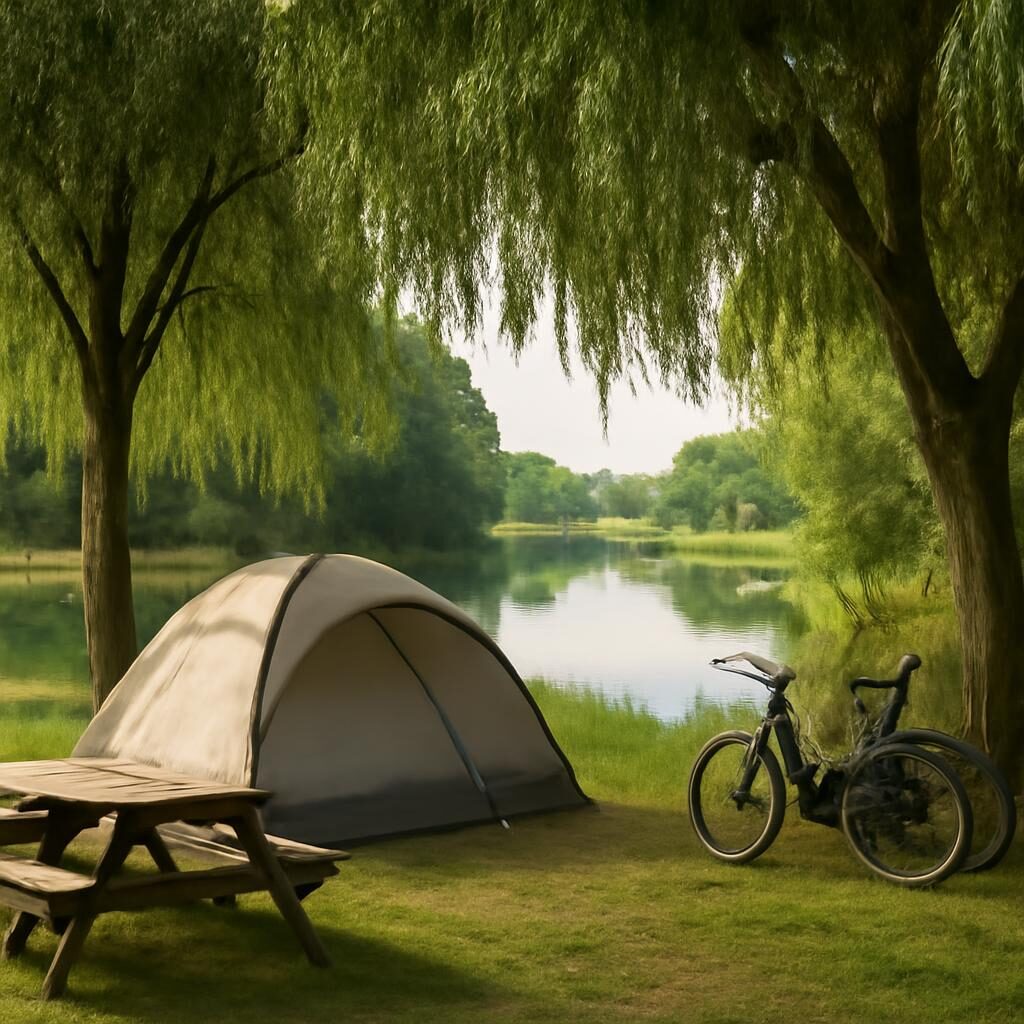 Tente installee au bord d un canal du Marais Poitevin