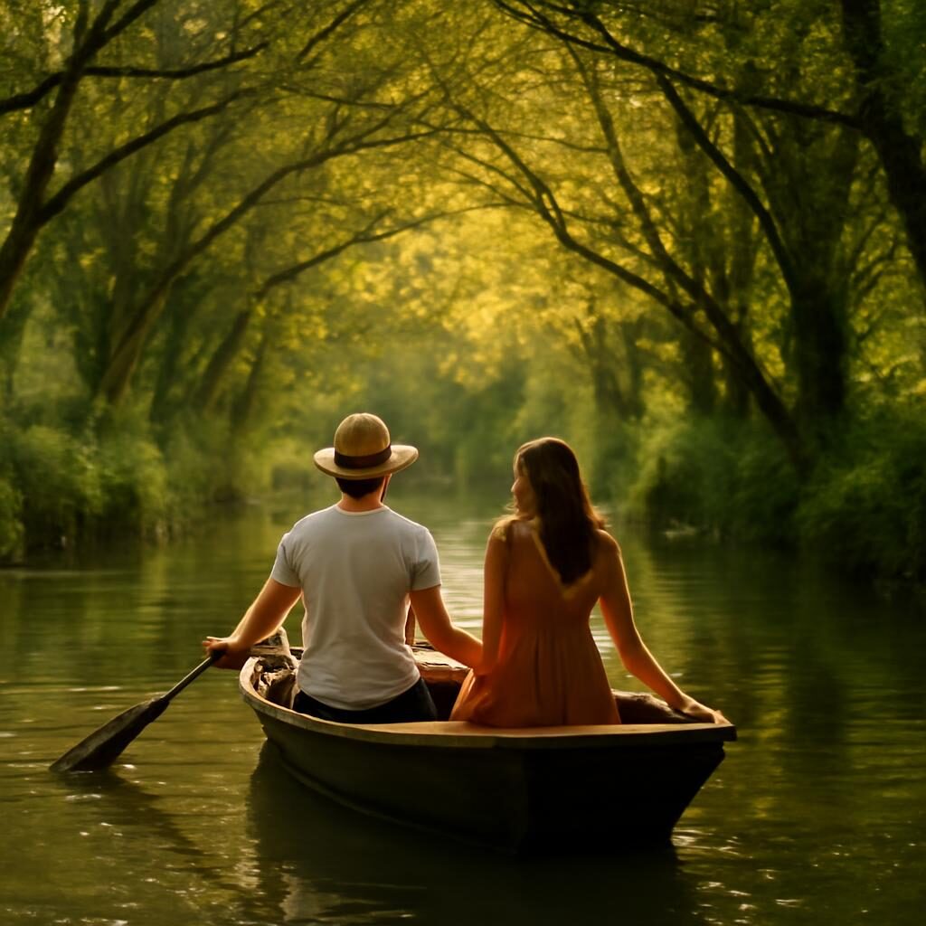 Couple naviguant en barque traditionnelle dans la Venise verte