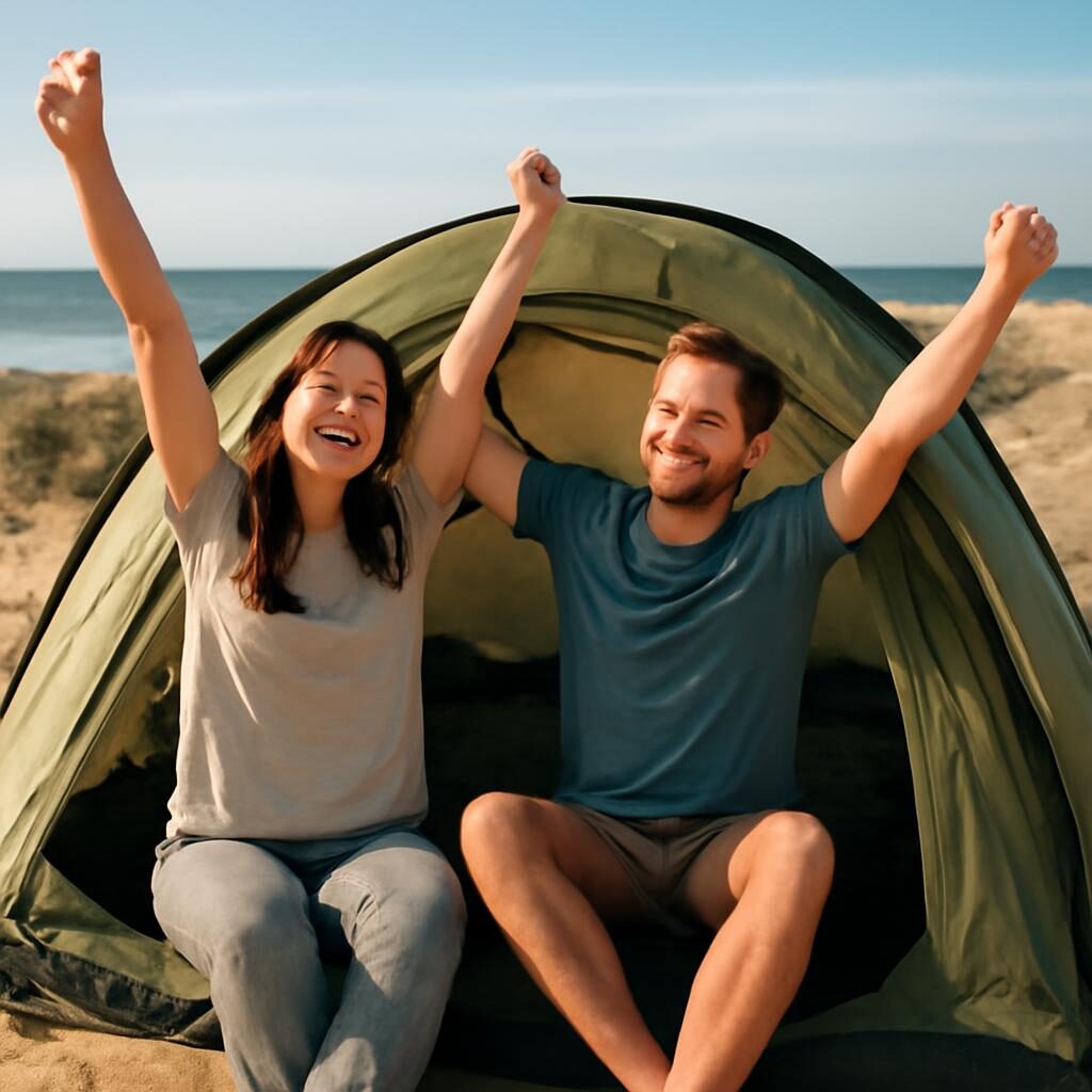 Couple après une nuit confortable sur matelas gonflable au camping