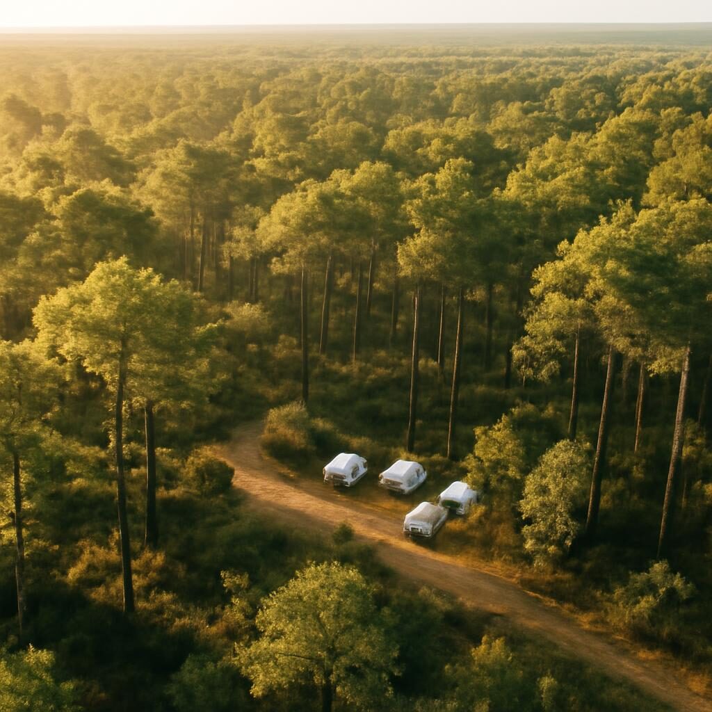 Forêt de pins des Landes de Gascogne vue aérienne avec camping niché entre les arbres
