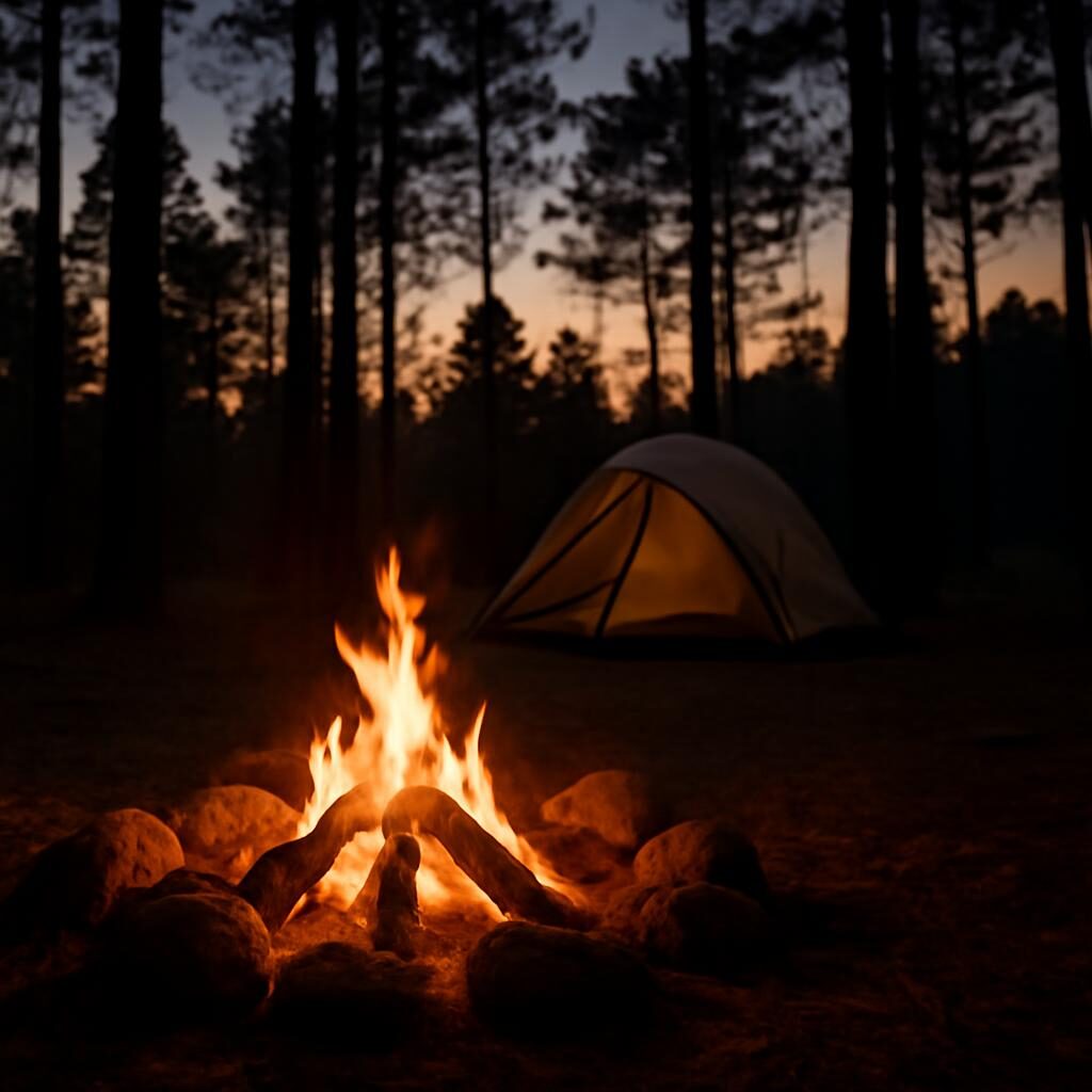 Feu de camp au crépuscule dans une clairière de pins landais tente en arrière-plan