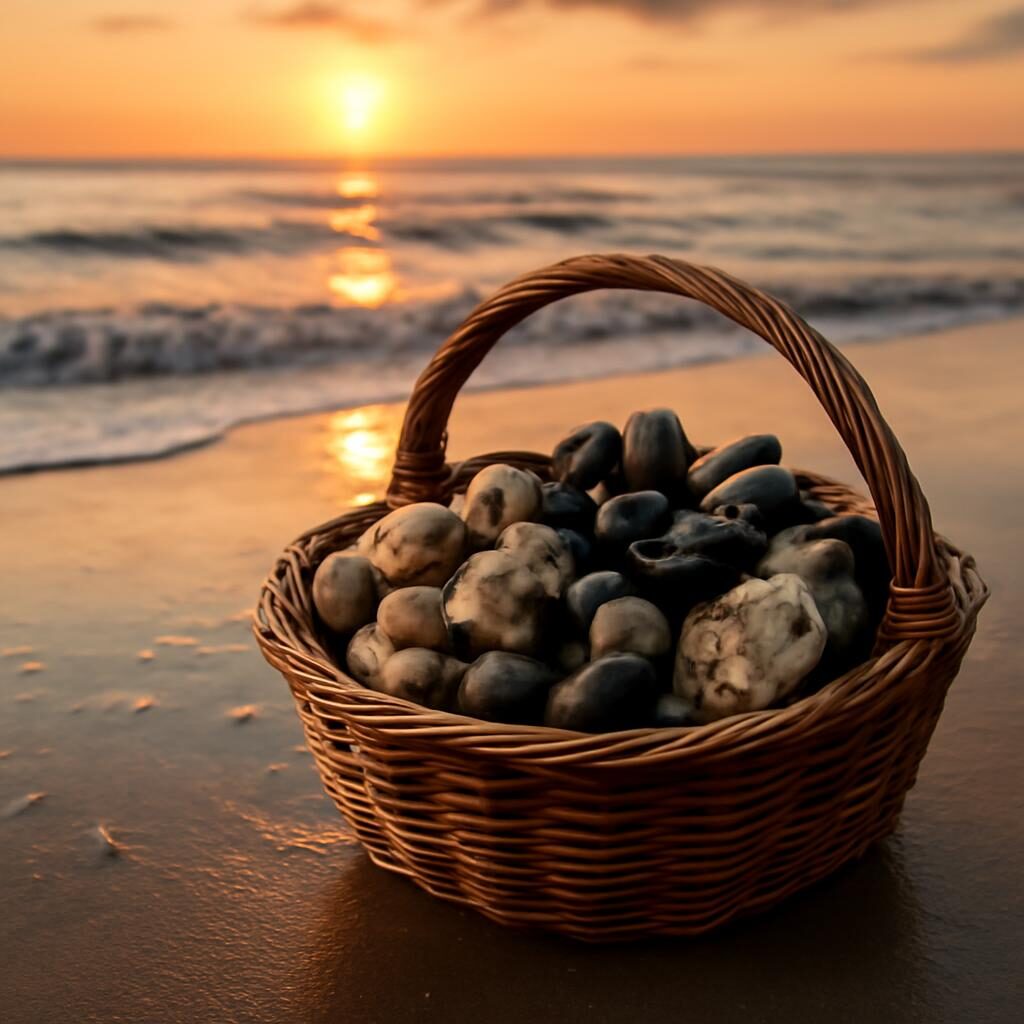 Panier rempli de coquillages frais sur la plage atlantique