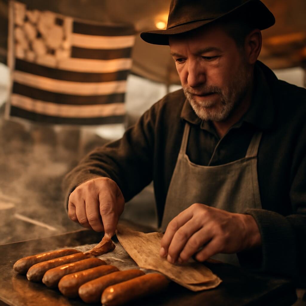 Préparation d'une galette saucisse sur un marché breton