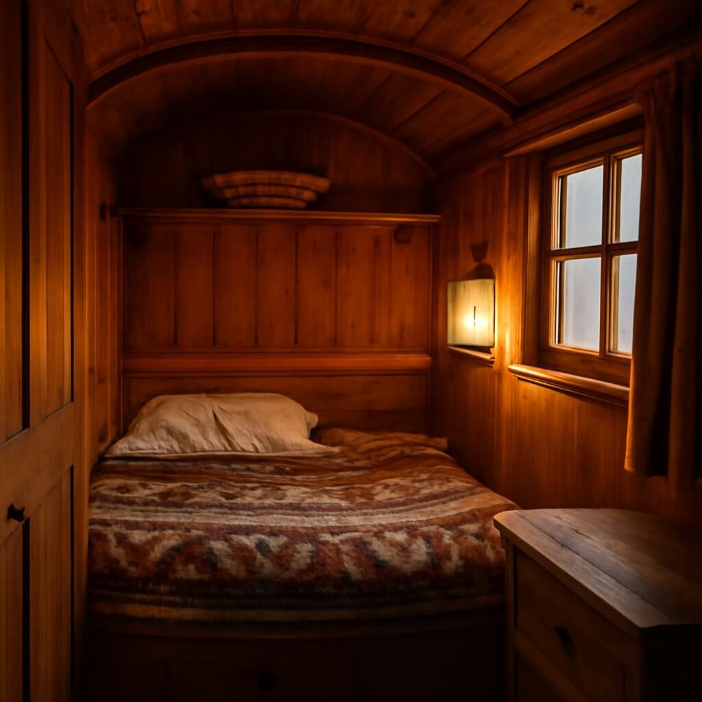 Interieur cosy d une roulotte avec lit double et boiseries