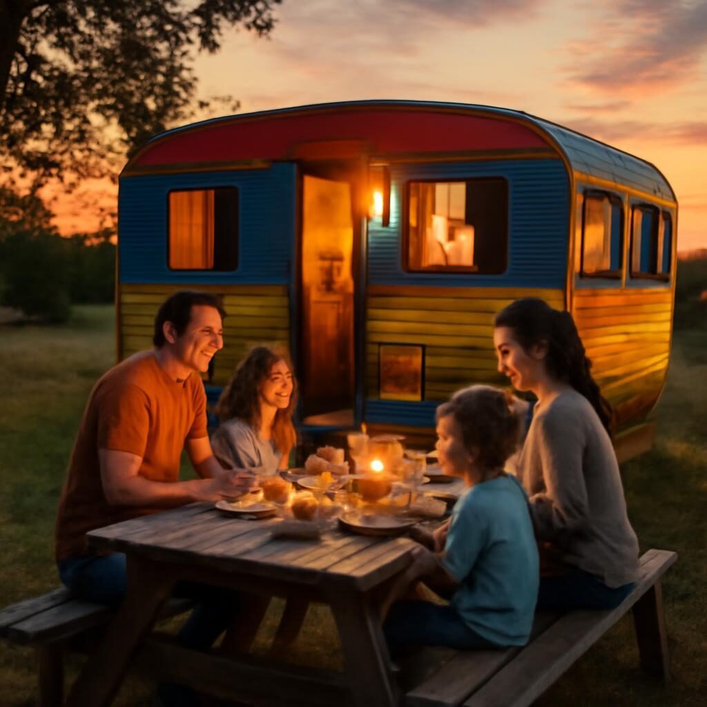 Famille dinant devant la roulotte au coucher du soleil