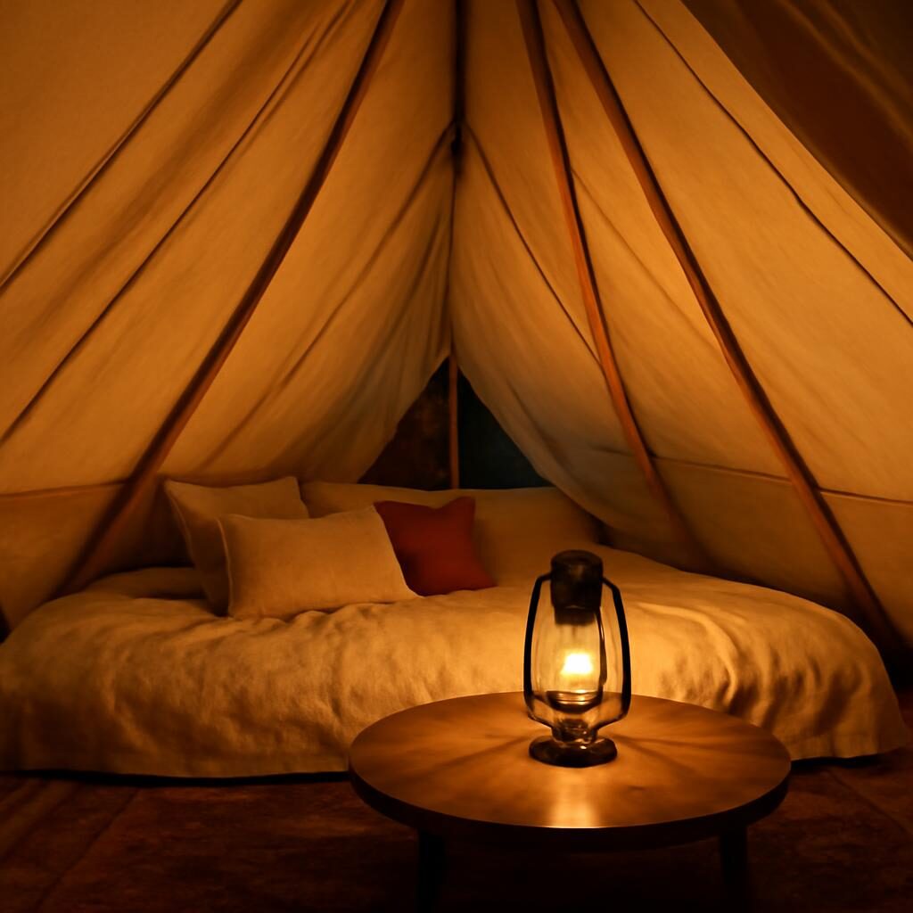 Intérieur de tipi avec literie confortable et lanterne