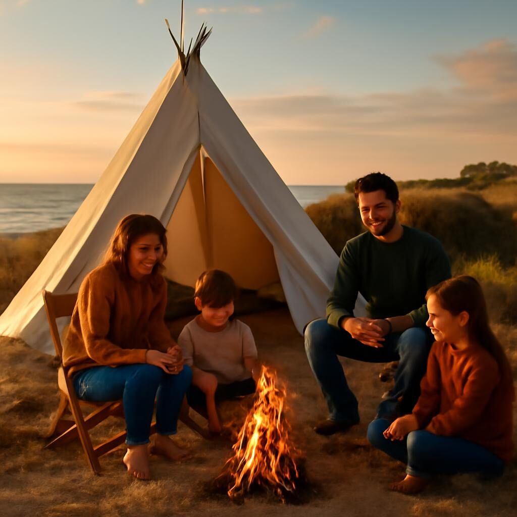 Famille autour d'un feu de camp devant un tipi