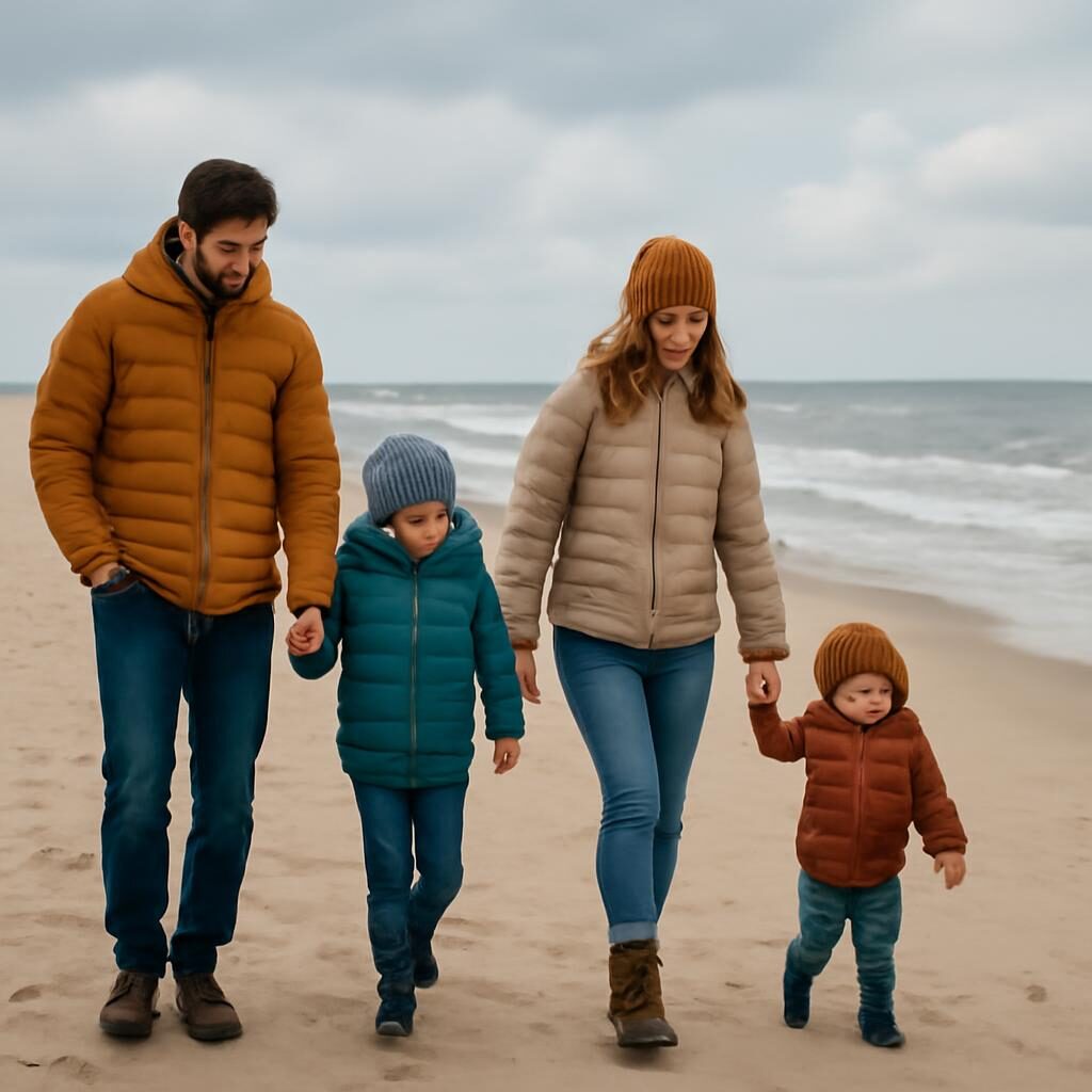 Famille marchant sur une plage atlantique vide en automne