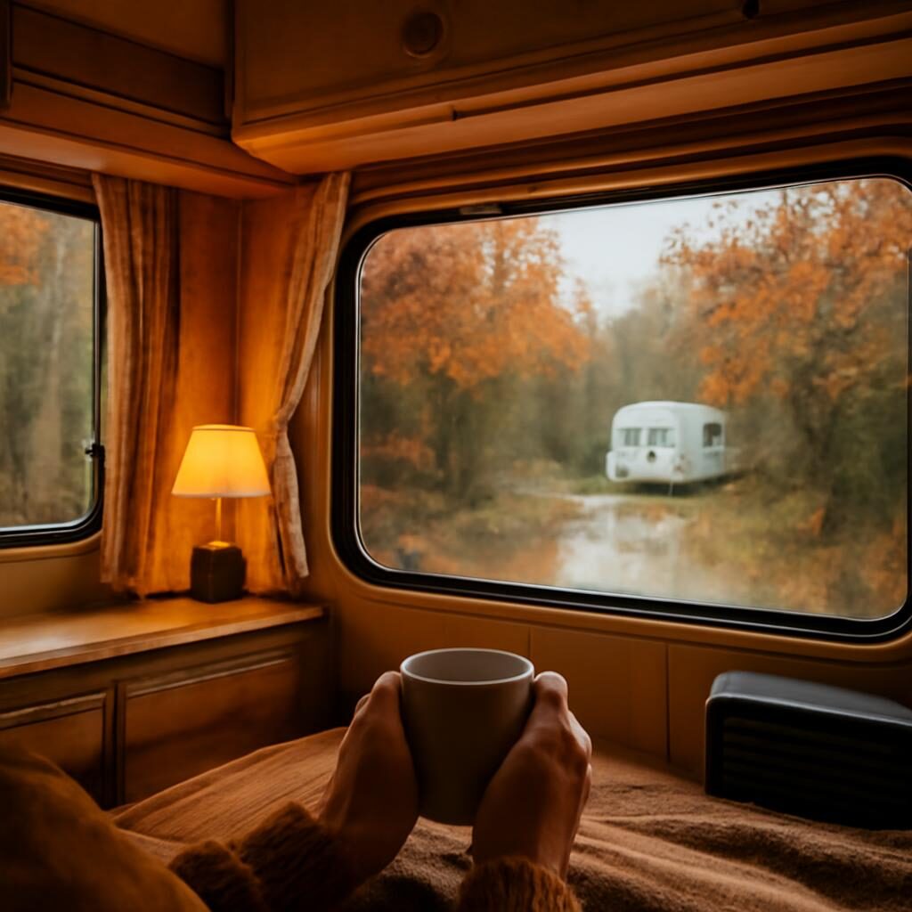 Intérieur de mobil-home chauffé avec vue sur la pluie