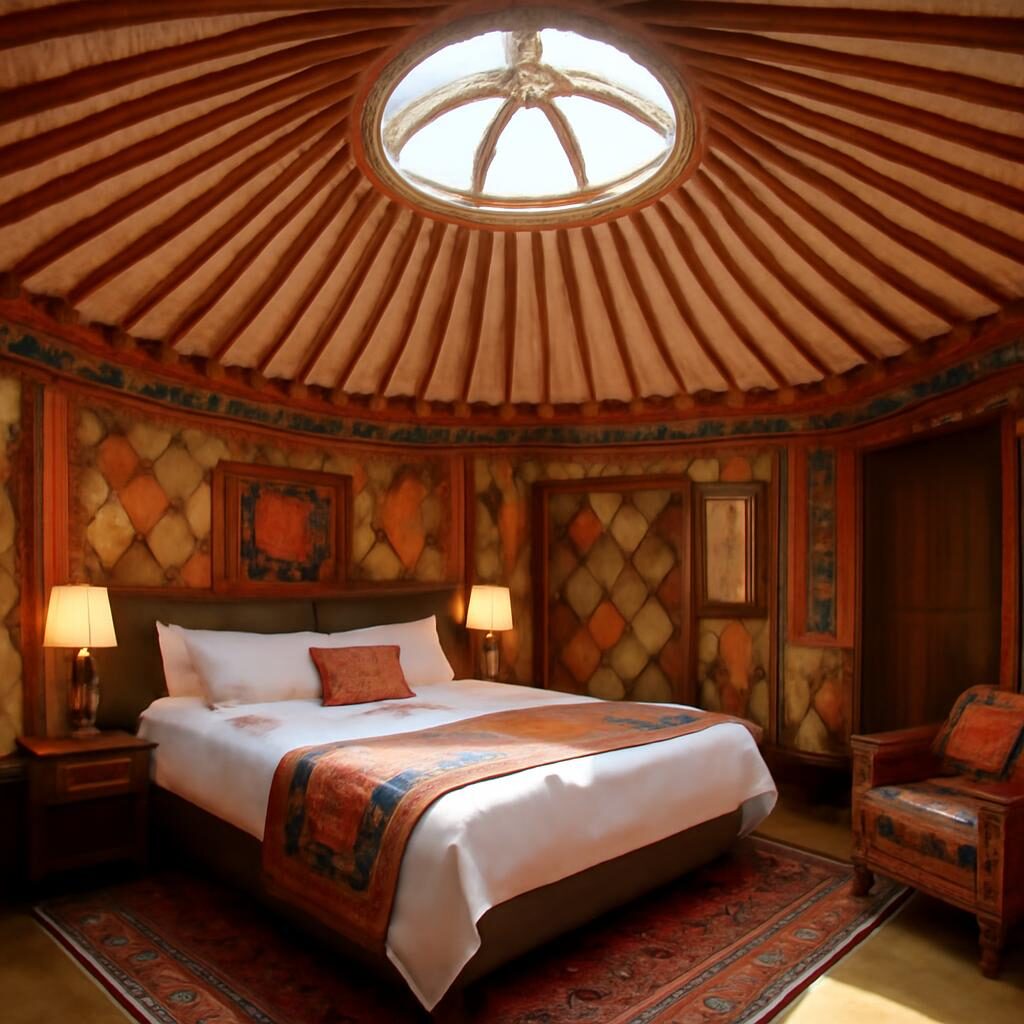 Intérieur luxueux d une yourte glamping lit confortable décor mongol coloré lumière naturelle