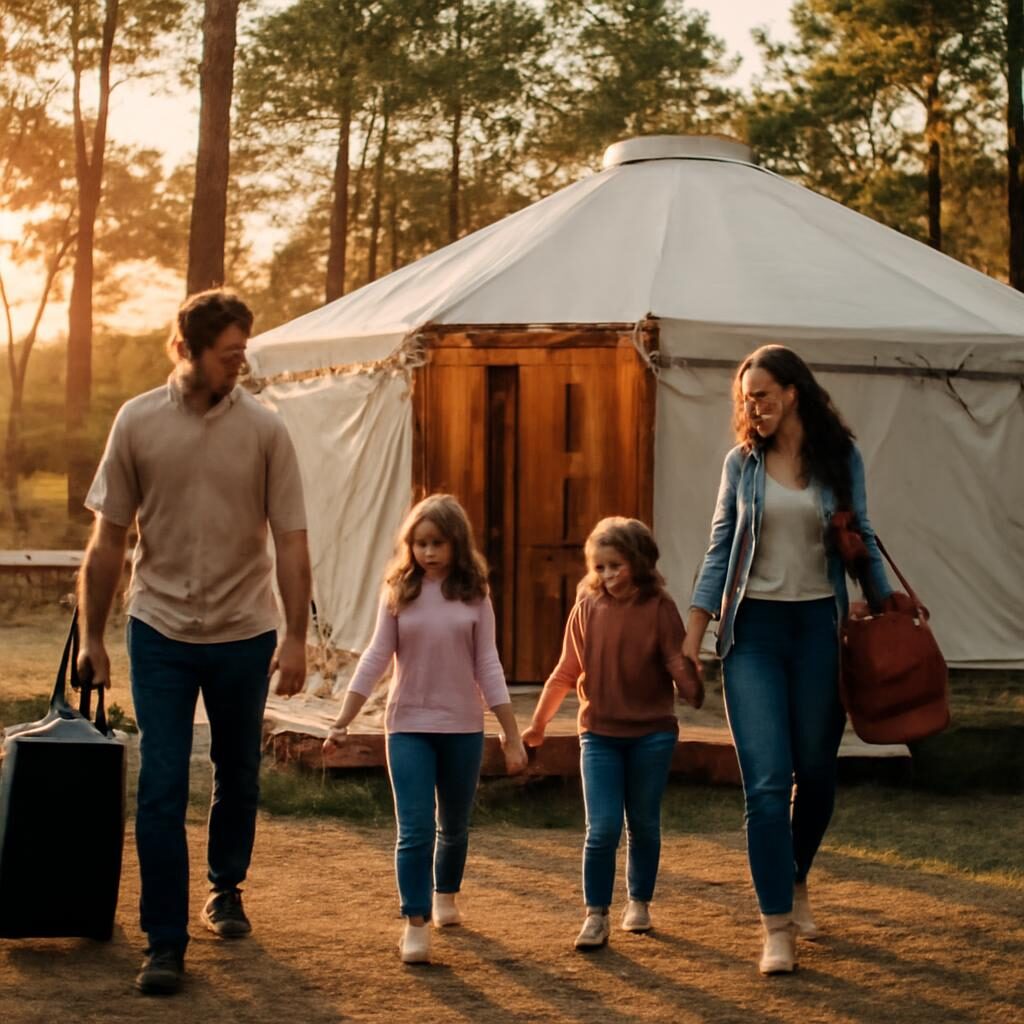 Famille arrivant à une yourte décorée site glamping France lumière dorée pins